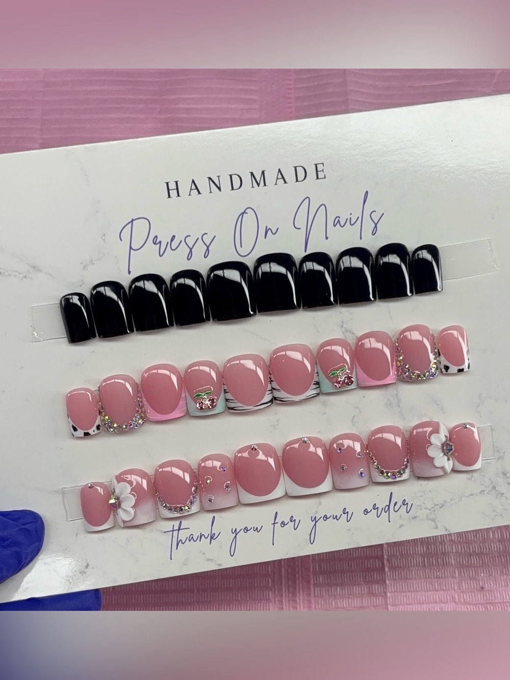 Extra short square press on nails white French tips acrylic flowers rhinestones